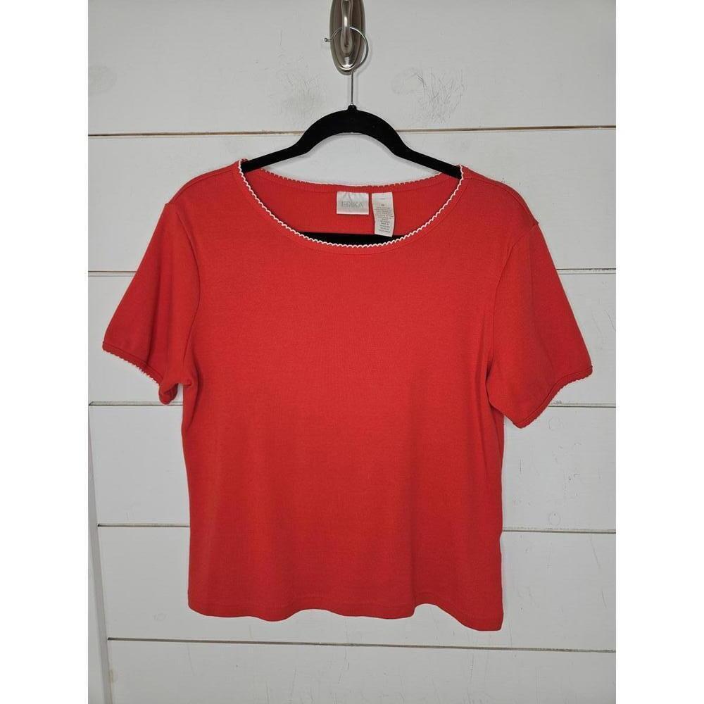 Erika Medium red tee shirt with white scalloped edges